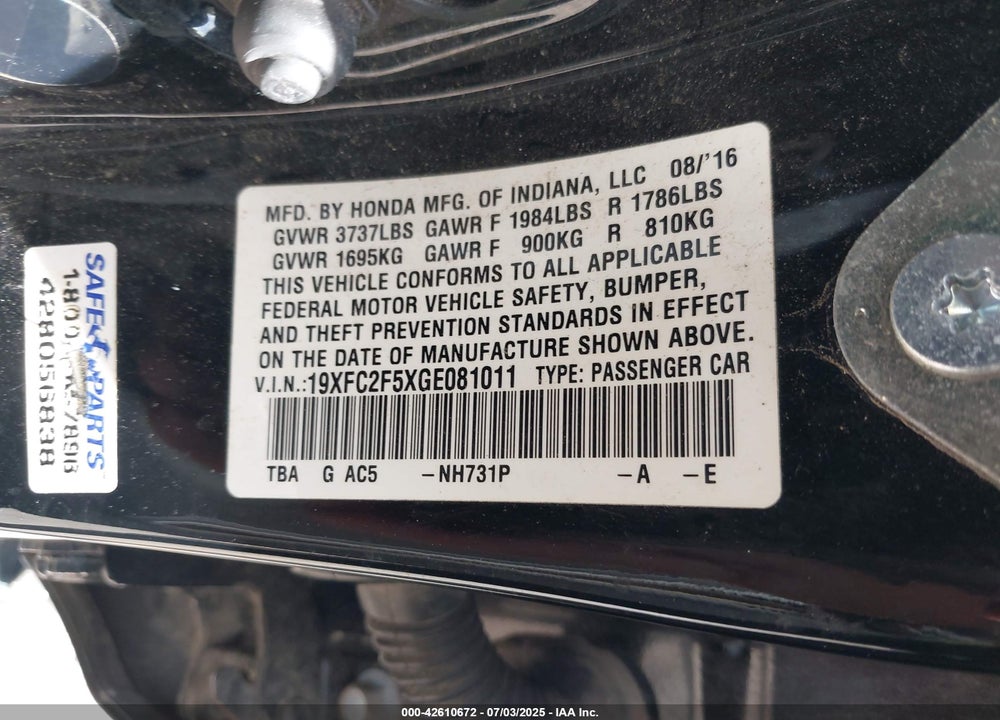 2016 HONDA CIVIC VIN: 19XFC2F5XGE081011