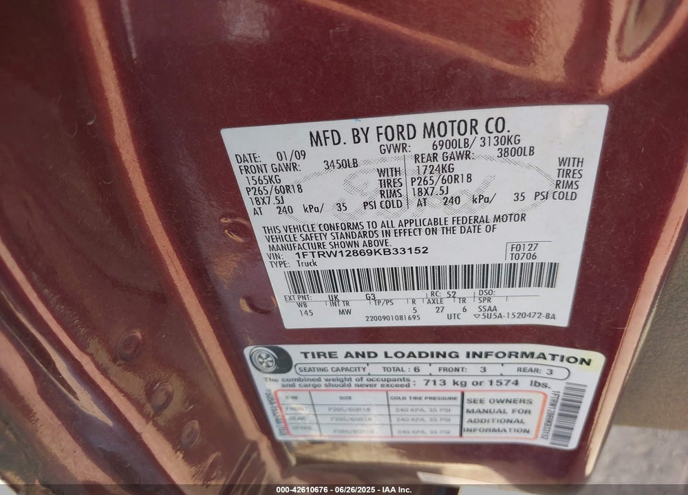 2009 FORD F-150 XL/XLT VIN: 1FTRW12869KB33152