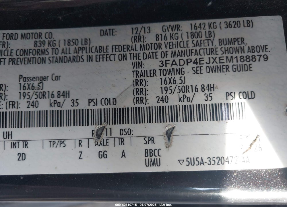 2014 FORD FIESTA SE VIN: 3FADP4EJXEM188879