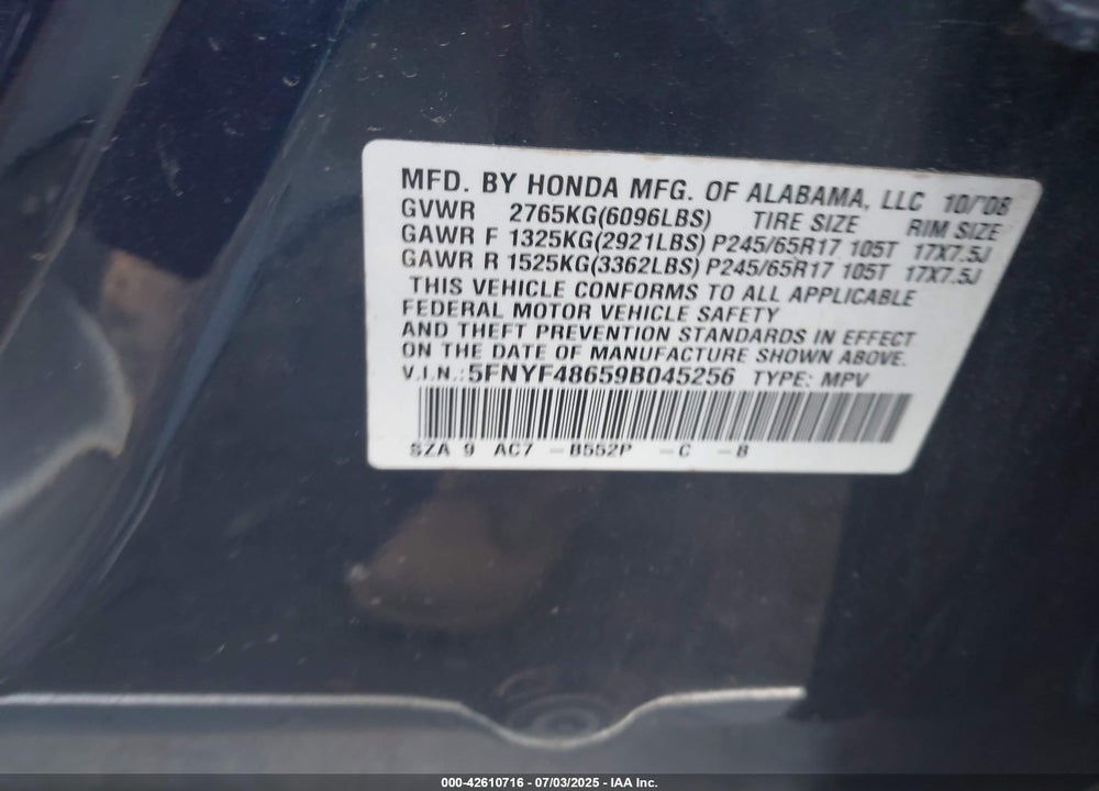 2009 HONDA PILOT VIN: 5FNYF48659B045256