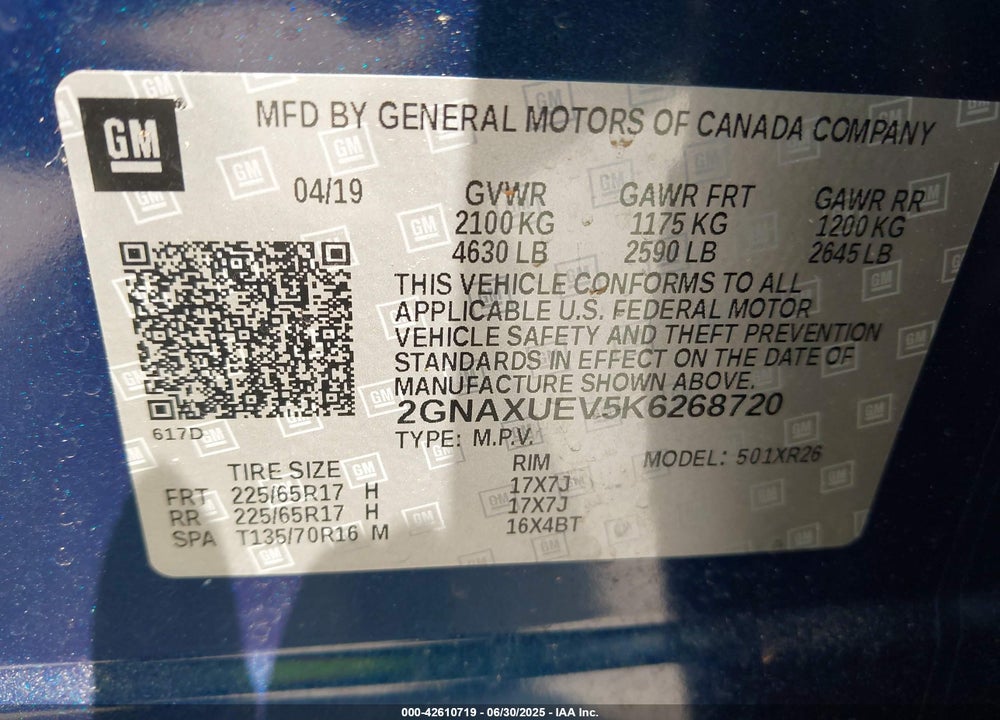 2019 CHEVROLET EQUINOX LT VIN: 2GNAXUEV5K6268720