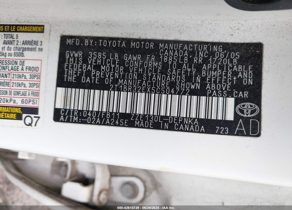 2005 TOYOTA COROLLA LE VIN: 2T1BR32EX5C504772