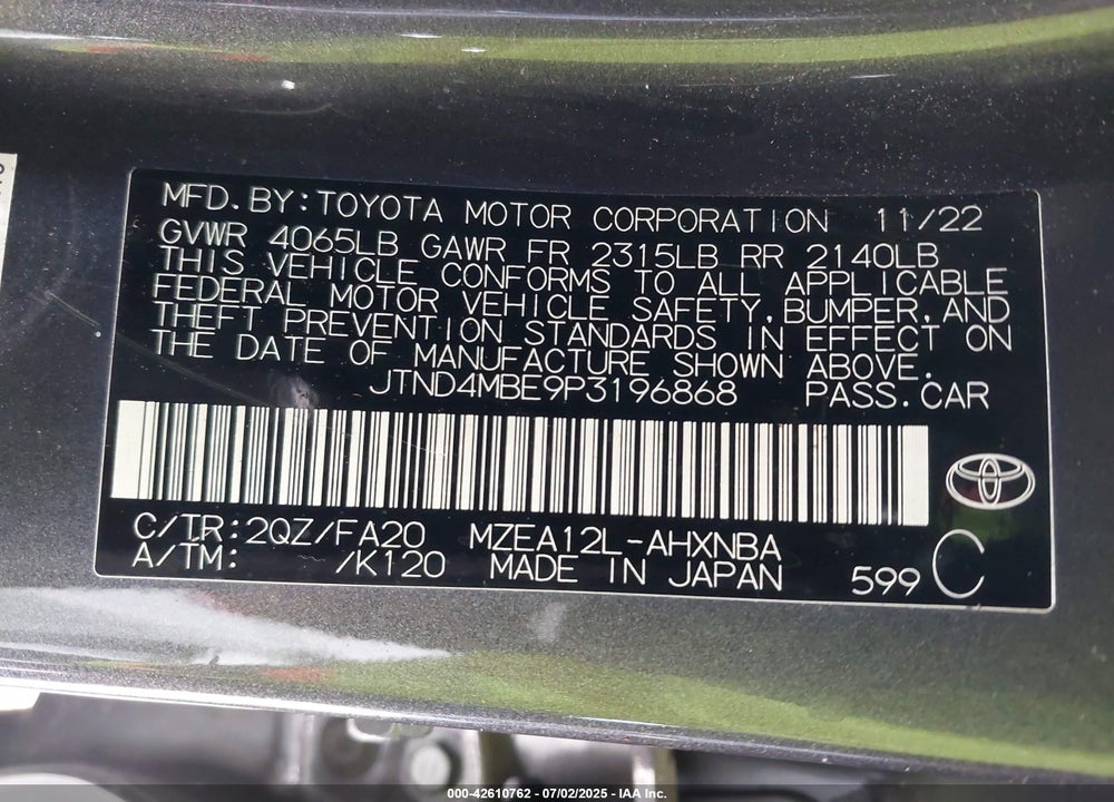 2023 TOYOTA COROLLA VIN: JTND4MBE9P3196868