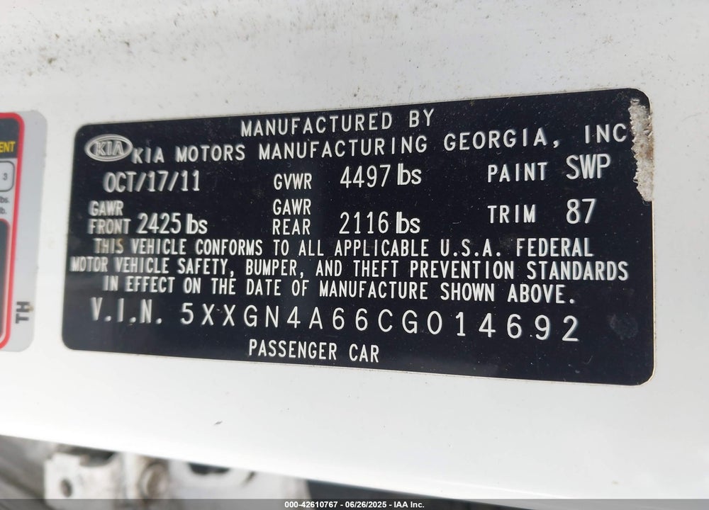 2012 KIA OPTIMA VIN: 5XXGN4A66CG014692