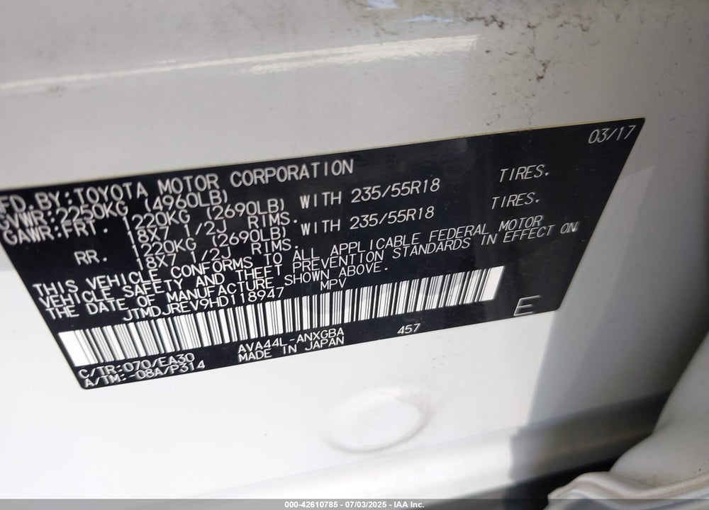 2017 TOYOTA RAV4 HYBRID VIN: JTMDJREV9HD118947