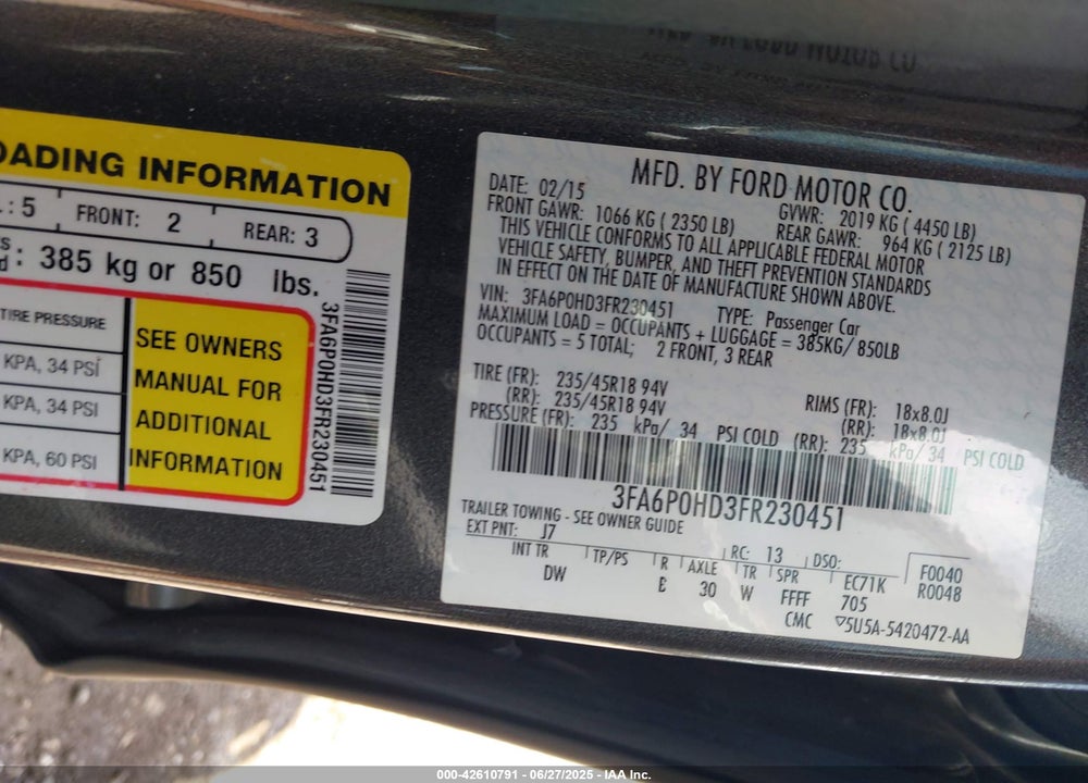 2015 FORD FUSION VIN: 3FA6P0HD3FR230451