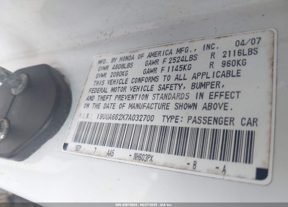 2007 ACURA TL VIN: 19UUA662X7A032700