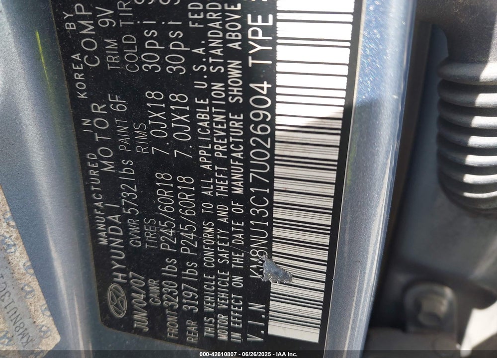 2007 HYUNDAI VERACRUZ GLS/LIMITED/SE VIN: KM8NU13C17U026904
