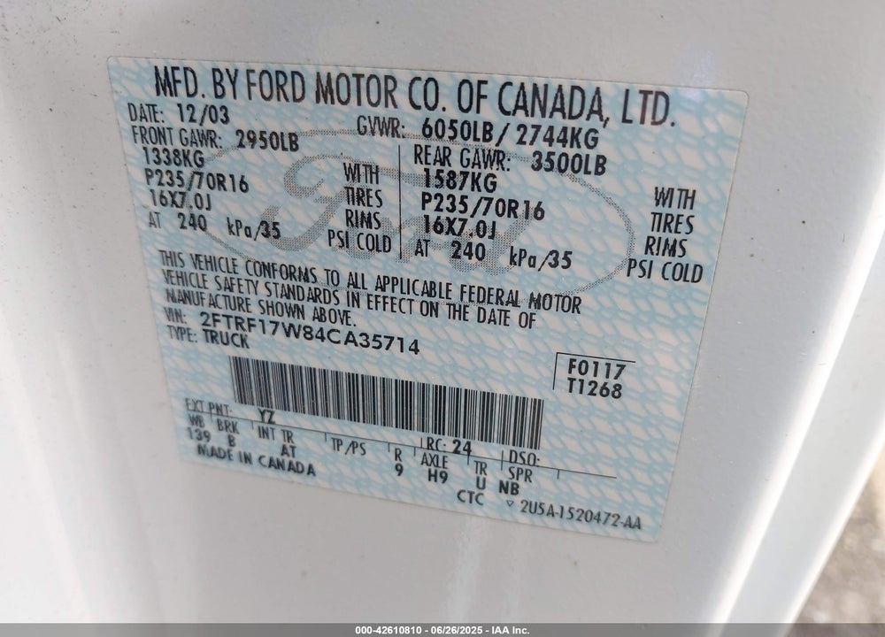 2004 FORD F-150 HERITAGE XL/XLT VIN: 2FTRF17W84CA35714