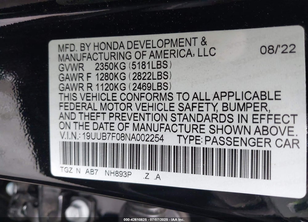 2022 ACURA TLX TYPE S VIN: 19UUB7F08NA002254