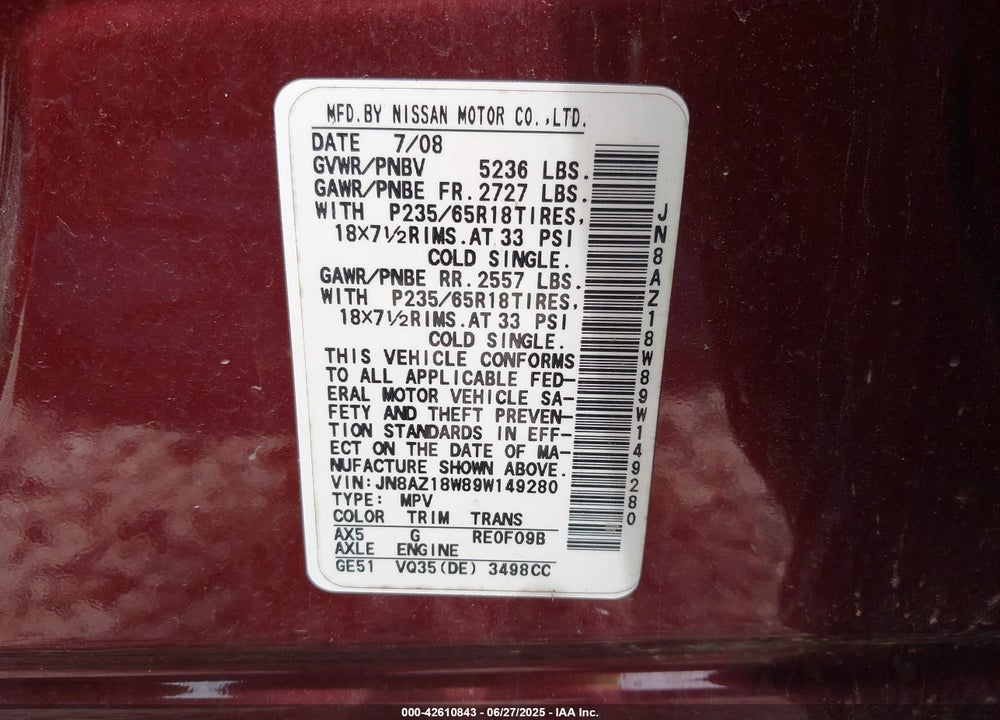 2009 NISSAN MURANO VIN: JN8AZ18W89W149280