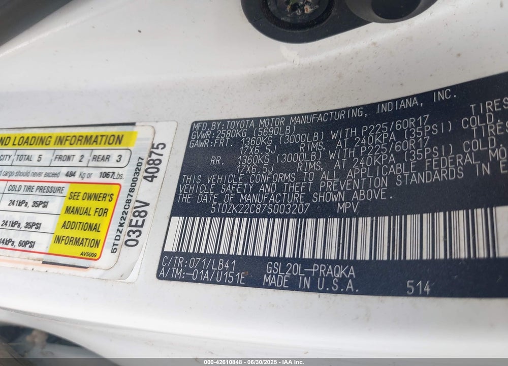 2007 TOYOTA SIENNA VIN: 5TDZK22C87S003207