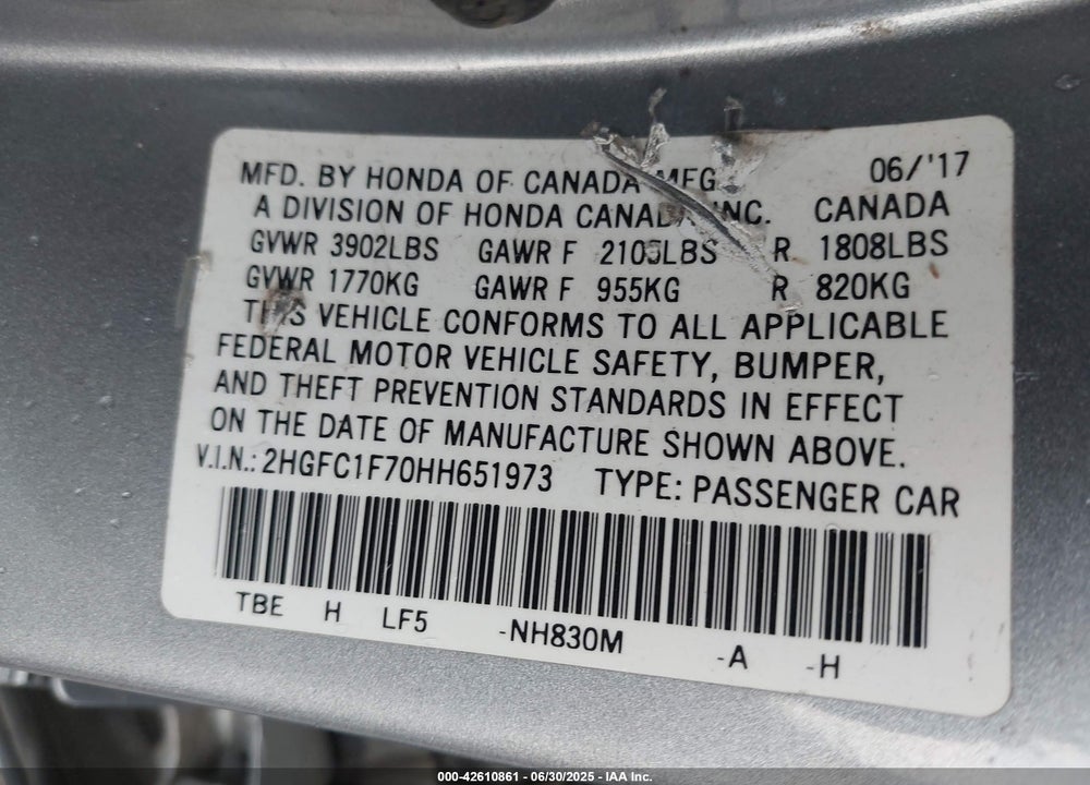 2017 HONDA CIVIC VIN: 2HGFC1F70HH651973