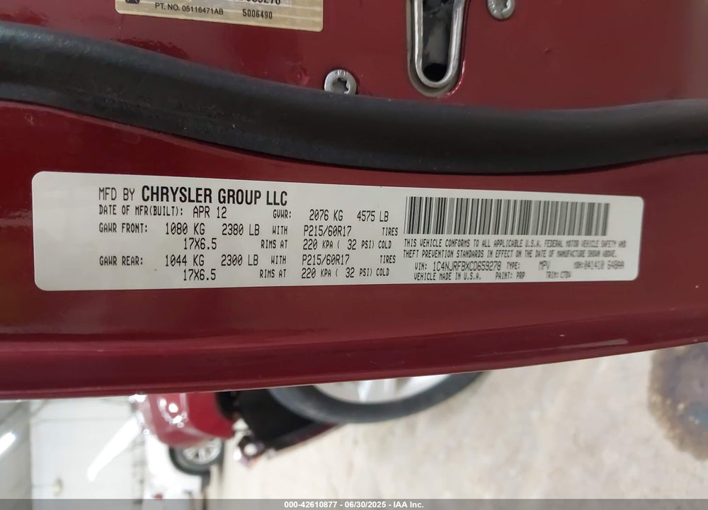 2012 JEEP PATRIOT LATITUDE VIN: 1C4NJRFBXCD659278