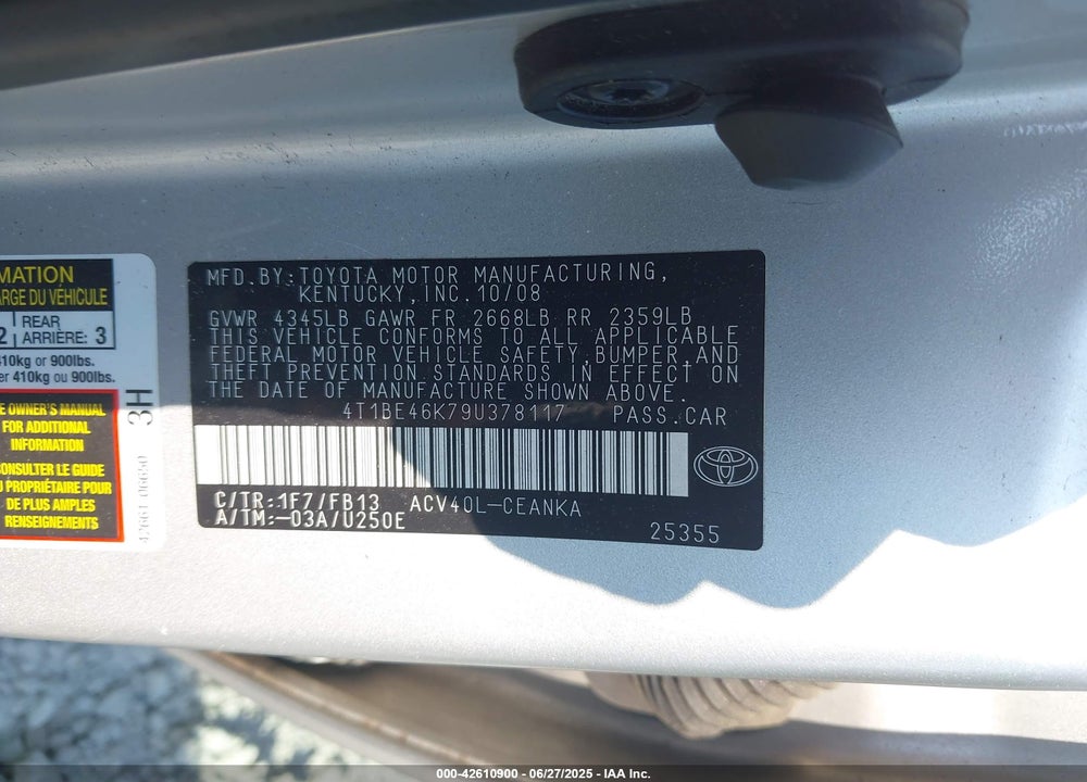 2009 TOYOTA CAMRY VIN: 4T1BE46K79U378117