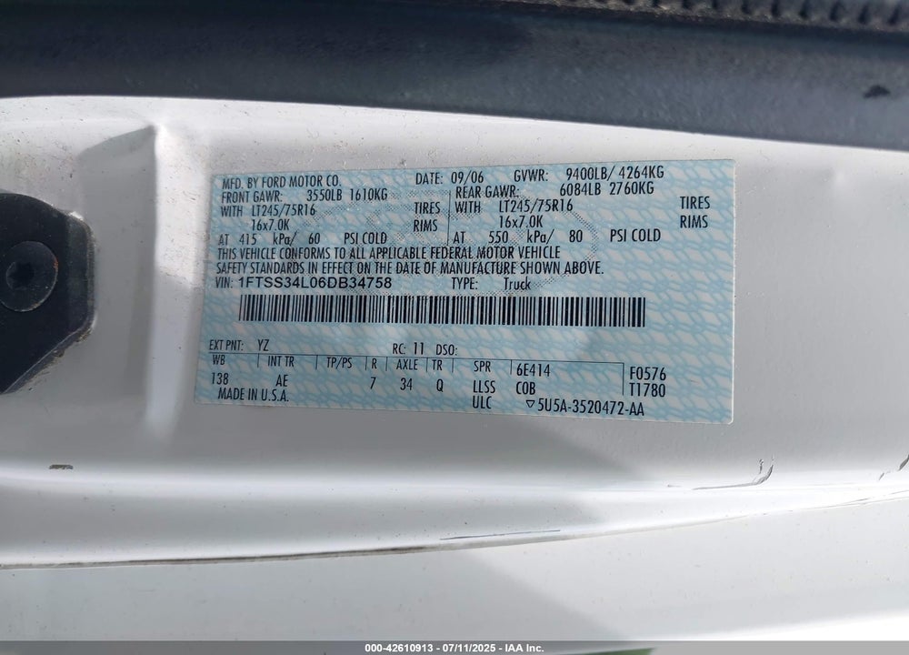 2006 FORD E-350 SUPER DUTY COMMERCIAL/RECREATIONAL VIN: 1FTSS34L06DB34758