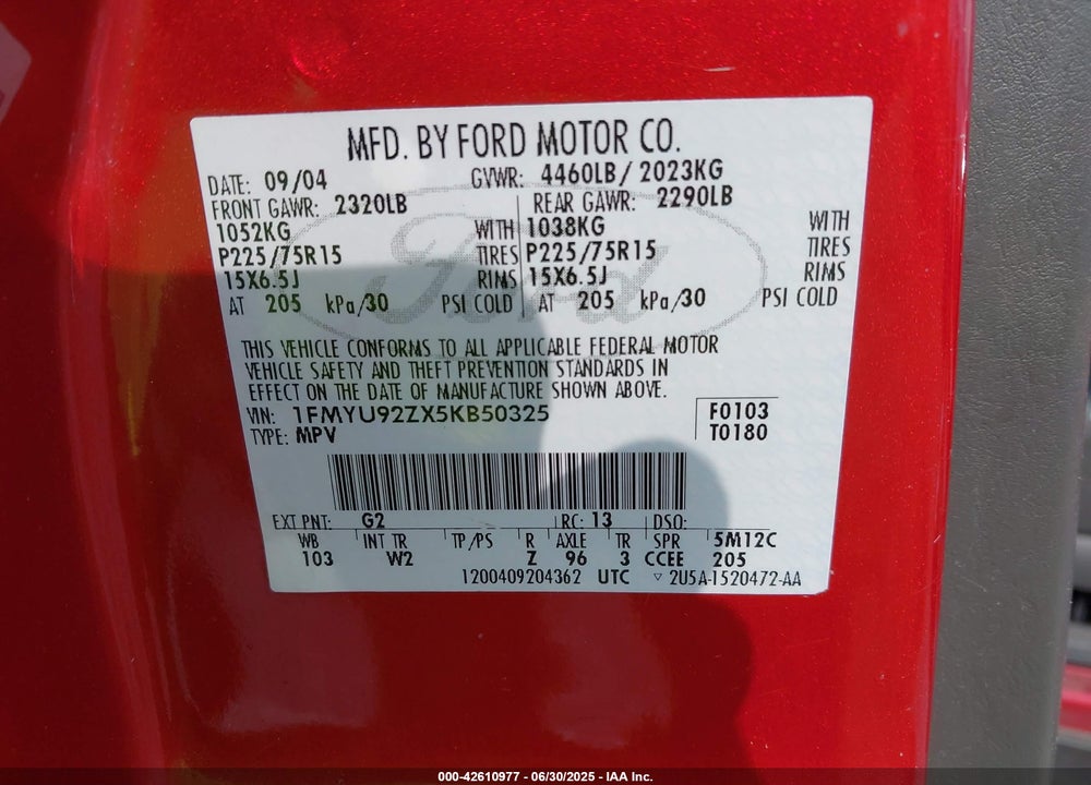 2005 FORD ESCAPE XLS VIN: 1FMYU92ZX5KB50325
