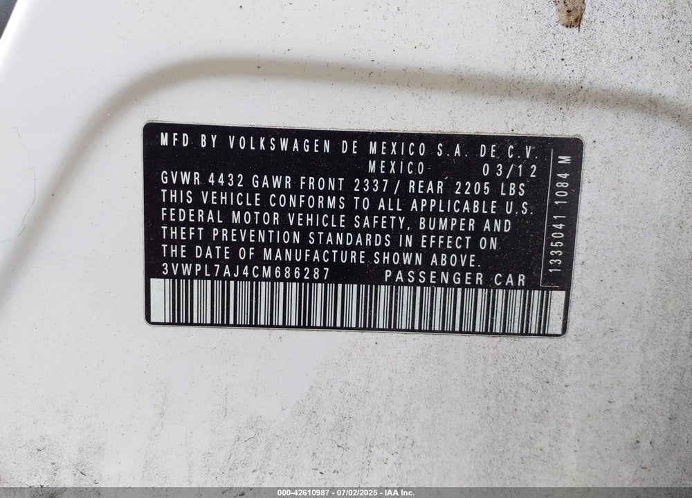 2012 VOLKSWAGEN JETTA VIN: 3VWPL7AJ4CM686287