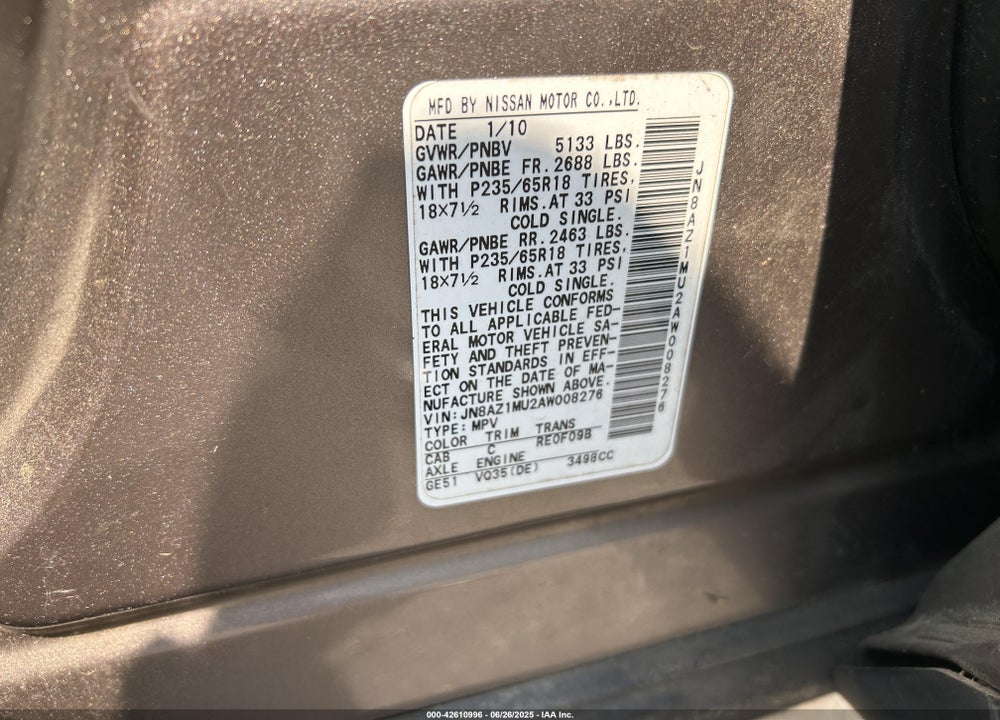 2010 NISSAN MURANO VIN: JN8AZ1MU2AW008276