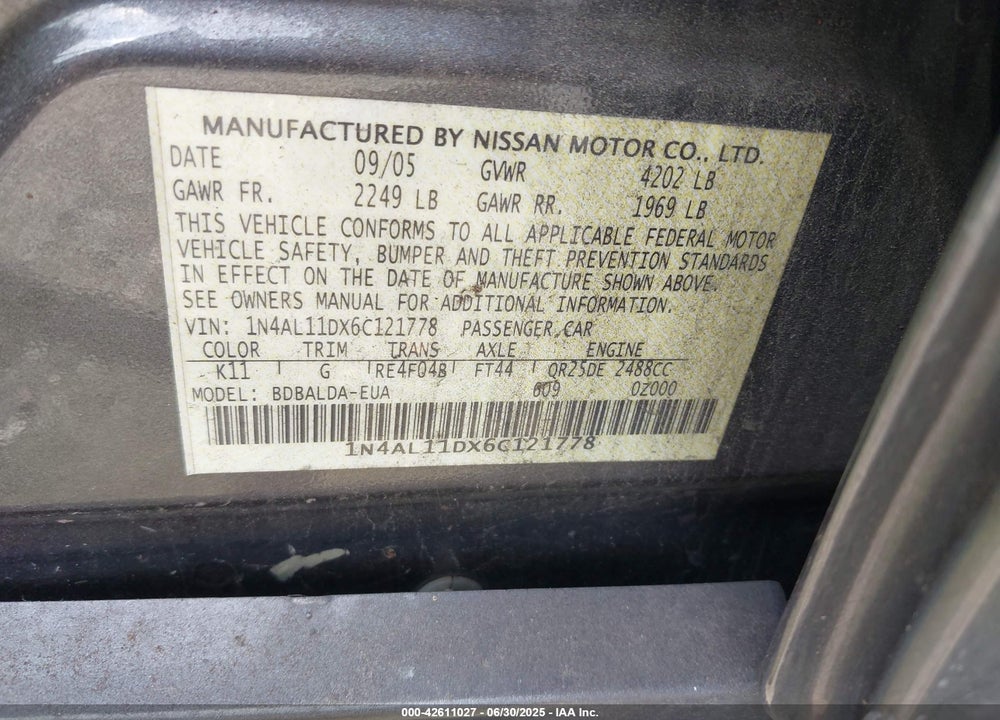 2006 NISSAN ALTIMA VIN: 1N4AL11DX6C121778