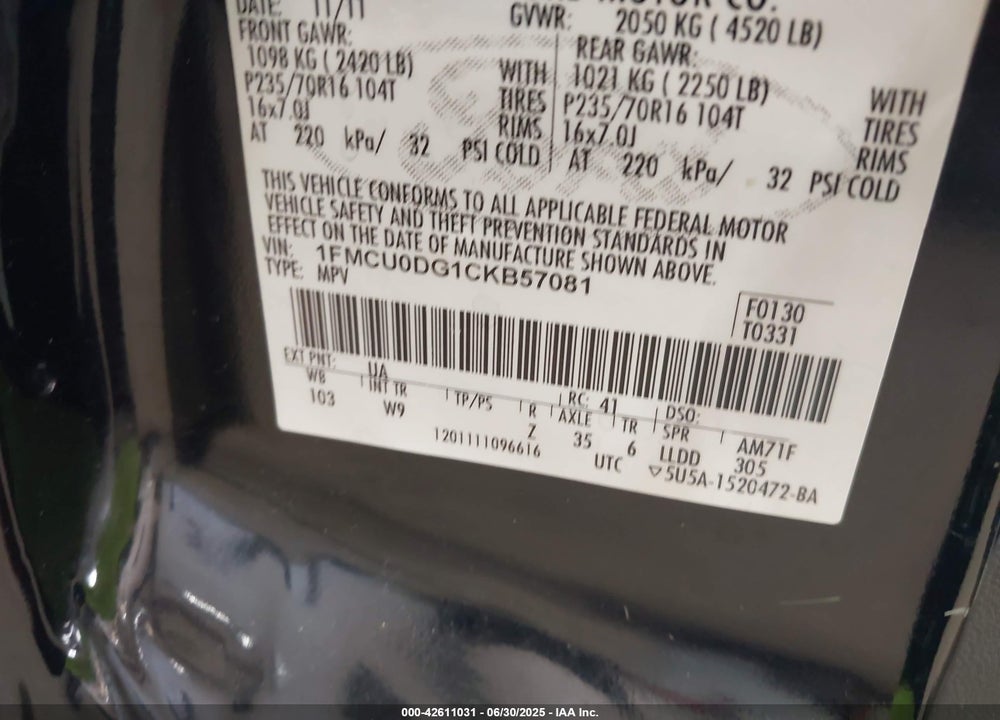 2012 FORD ESCAPE VIN: 1FMCU0DG1CKB57081