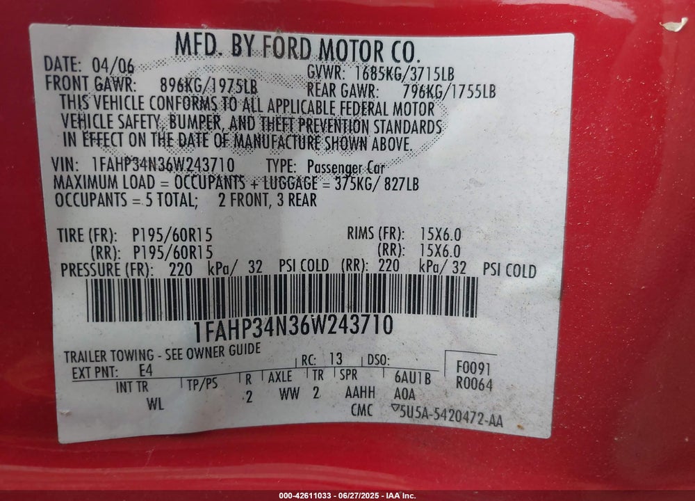 2006 FORD FOCUS ZX4 VIN: 1FAHP34N36W243710