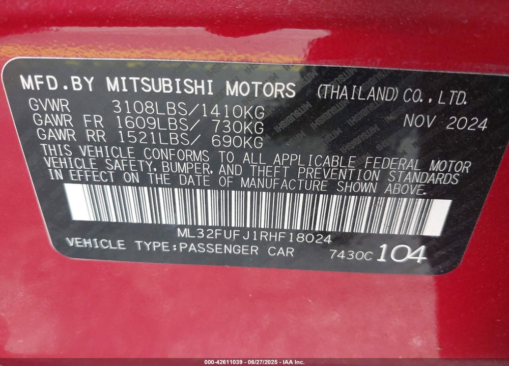 2024 MITSUBISHI MIRAGE G4 BLACK EDITION/ES/LE VIN: ML32FUFJ1RHF18024