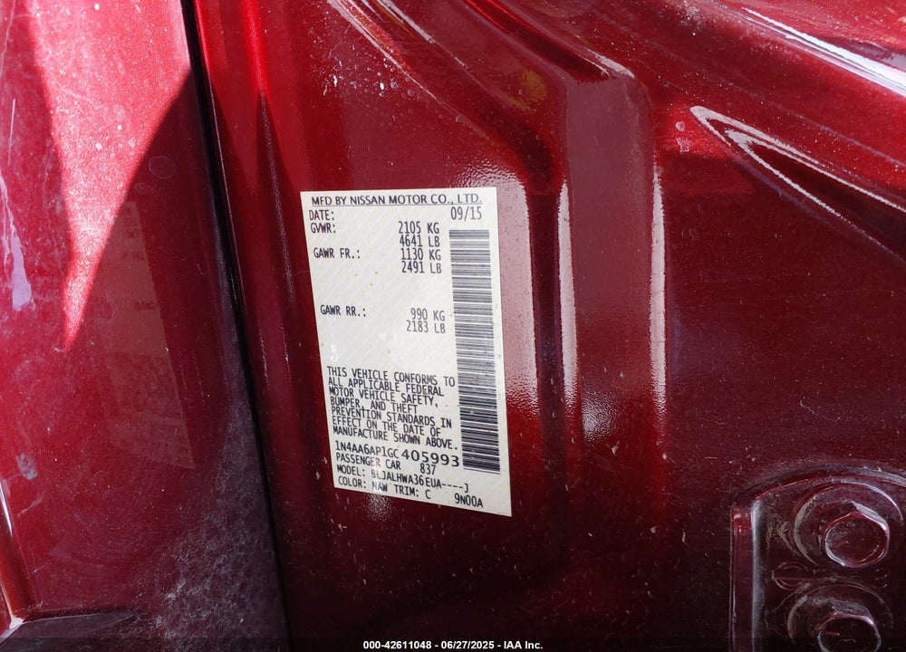2016 NISSAN MAXIMA VIN: 1N4AA6AP1GC405993