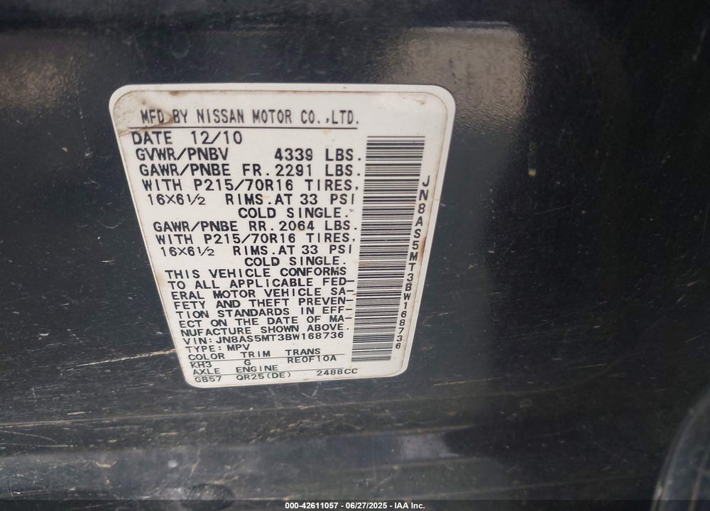 2011 NISSAN ROGUE VIN: JN8AS5MT3BW168736