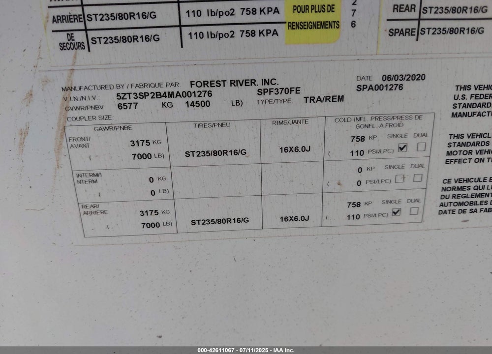 2021 FOREST RIVER SHASTA PHOENIX 370FE VIN: 5ZT3SP2B4MA001276