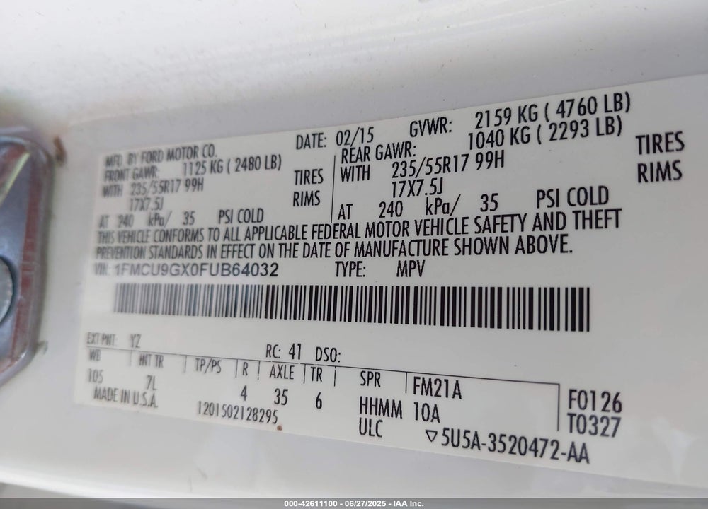 2015 FORD ESCAPE VIN: 1FMCU9GX0FUB64032
