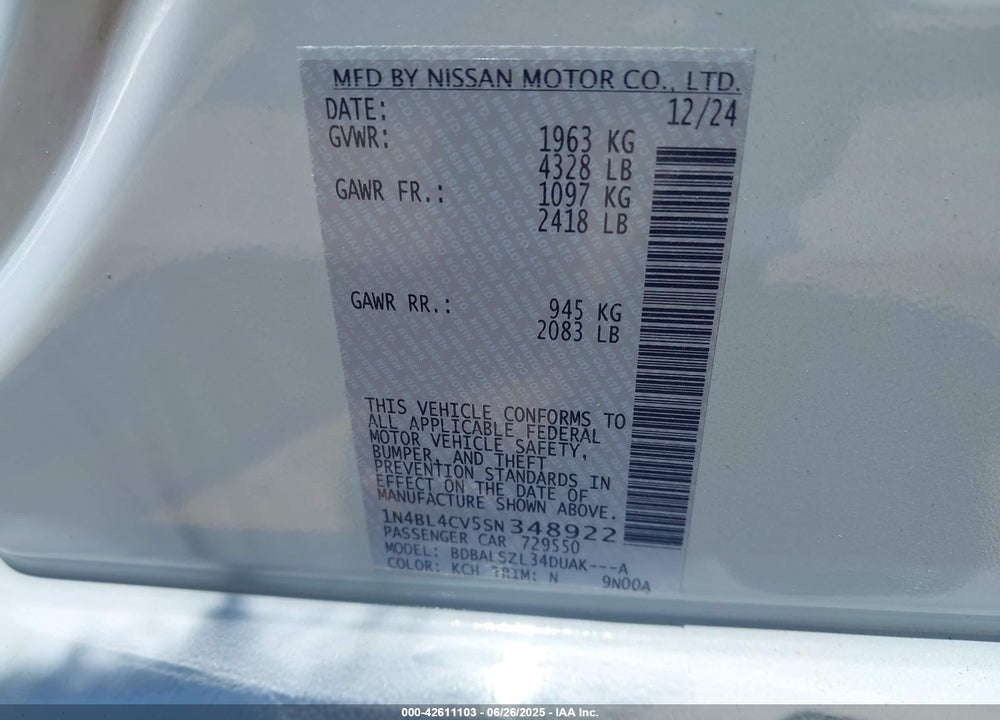2025 NISSAN ALTIMA VIN: 1N4BL4CV5SN348922