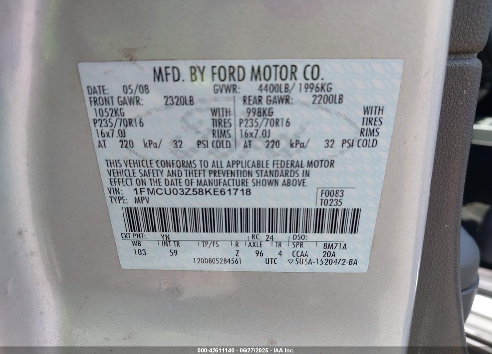 2008 FORD ESCAPE XLT VIN: 1FMCU03Z58KE61718