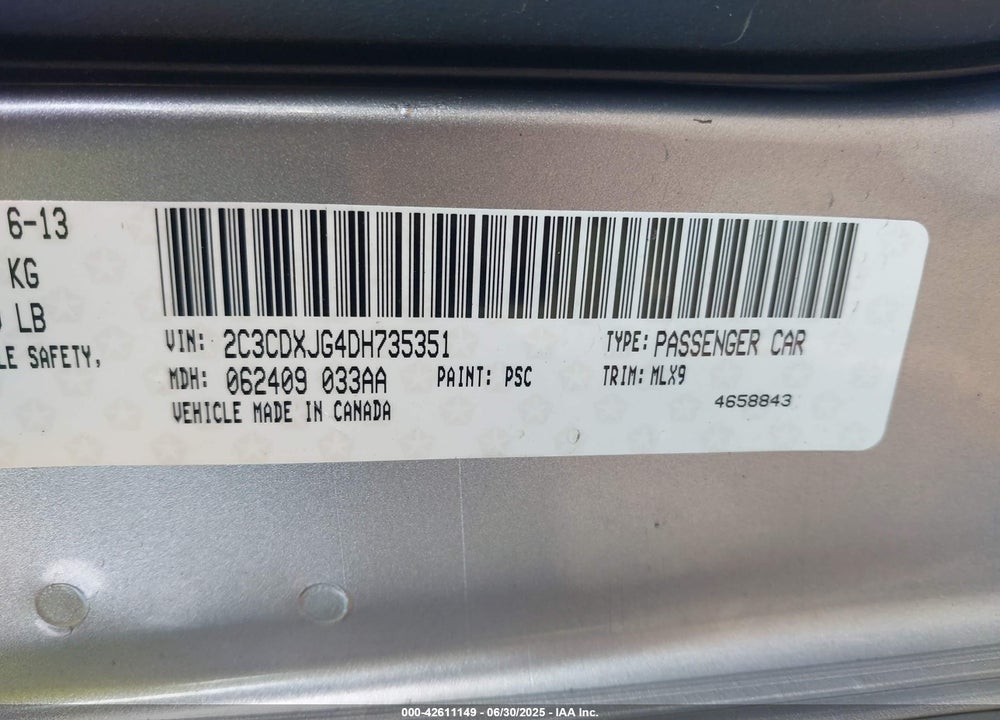 2013 DODGE CHARGER VIN: 2C3CDXJG4DH735351