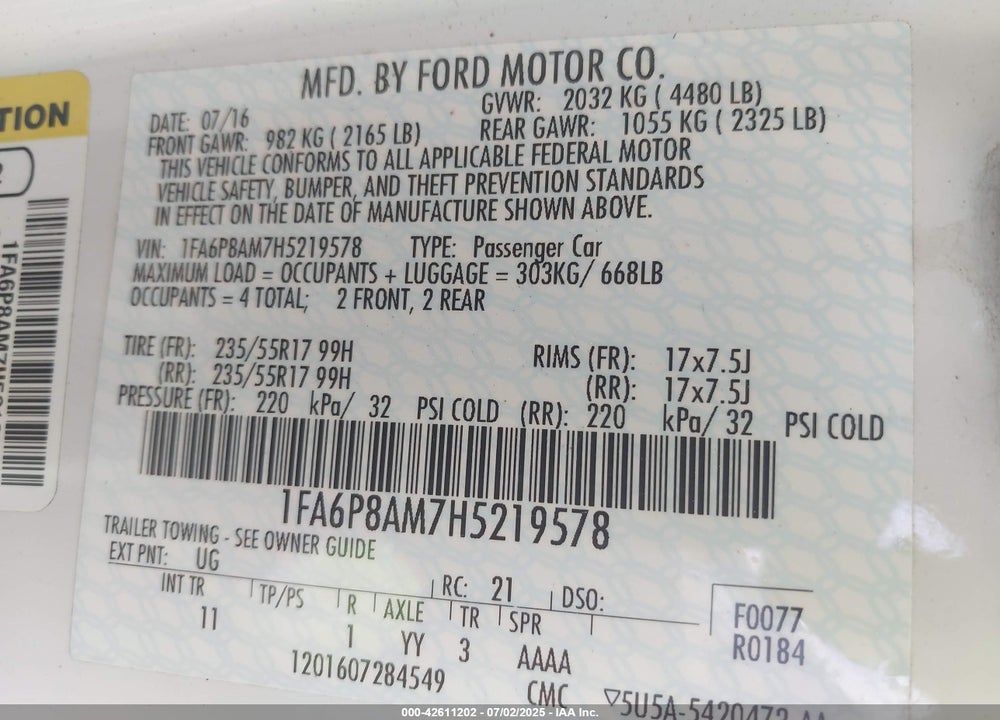 2017 FORD MUSTANG VIN: 1FA6P8AM7H5219578