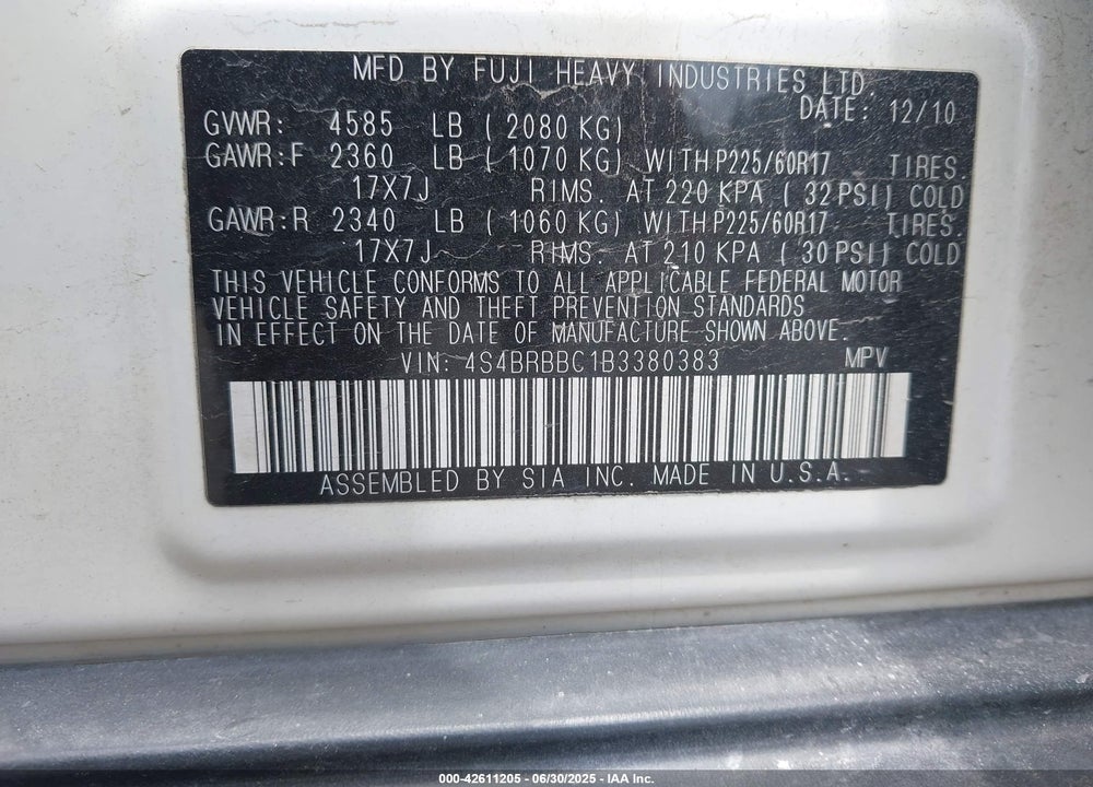 2011 SUBARU OUTBACK VIN: 4S4BRBBC1B3380383