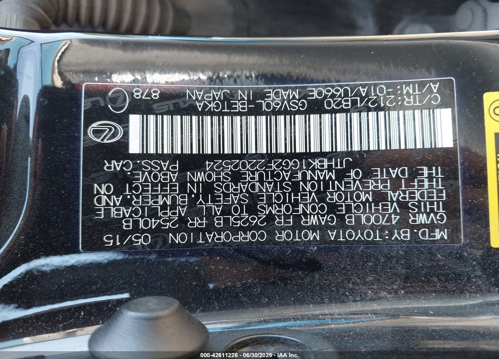 2015 LEXUS ES350 VIN: JTHBK1GG2F2202524