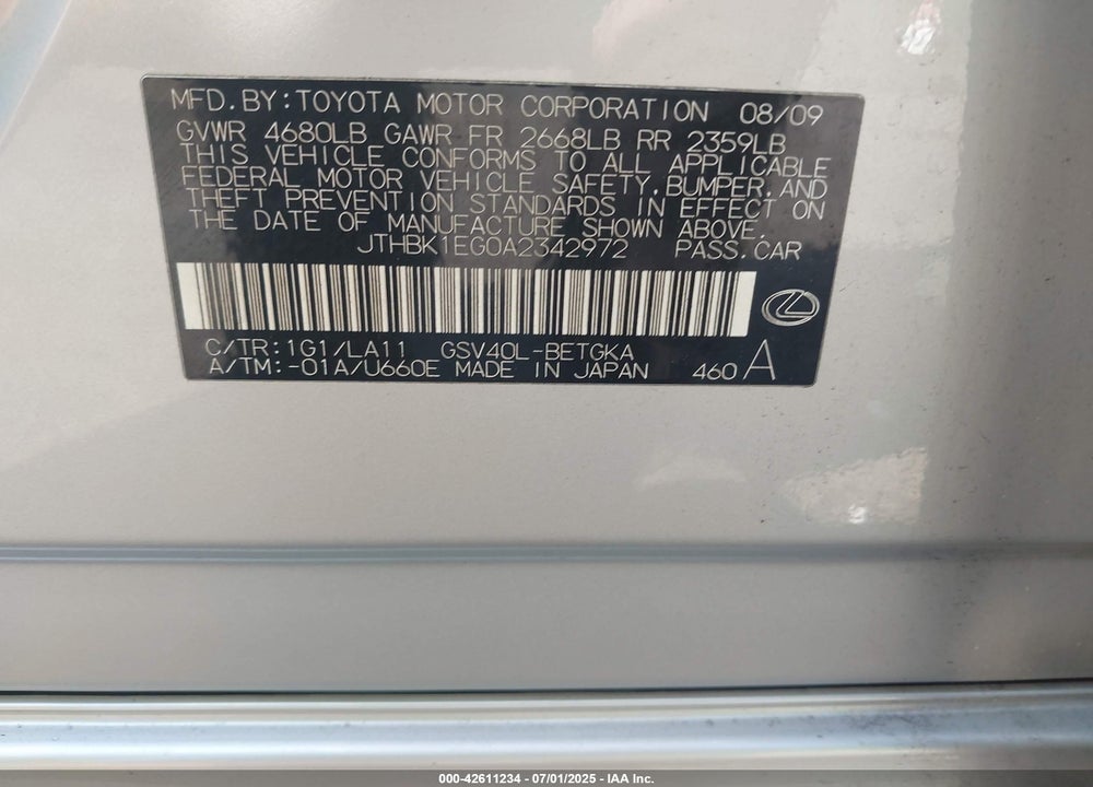 2010 LEXUS ES350 VIN: JTHBK1EG0A2342972