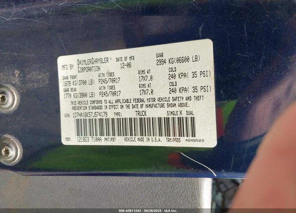 2007 DODGE RAM 1500 ST VIN: 1D7HA16K57J574179