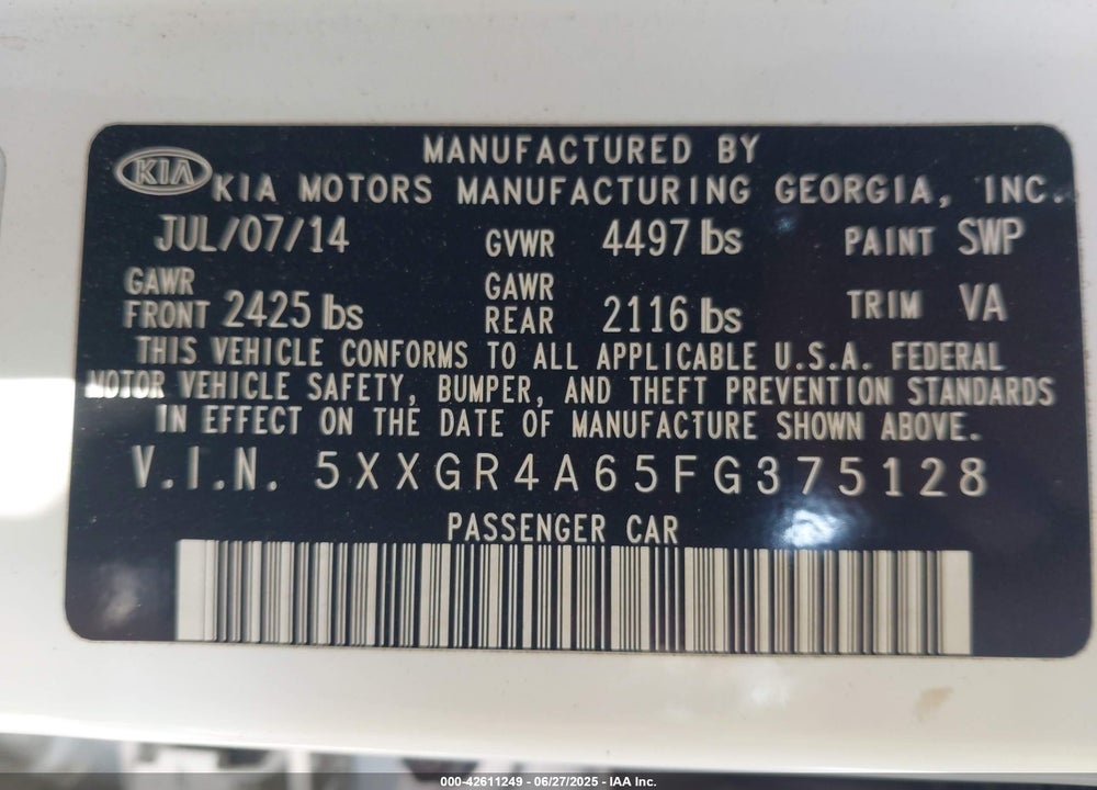 2015 KIA OPTIMA SXL TURBO VIN: 5XXGR4A65FG375128