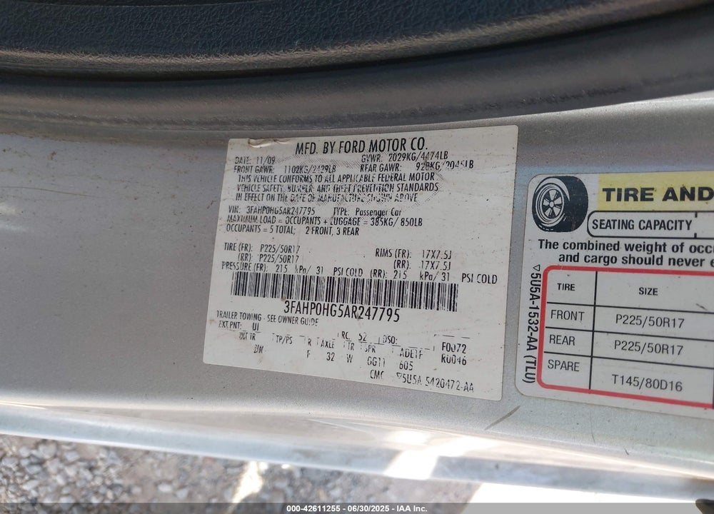 2010 FORD FUSION SE VIN: 3FAHP0HG5AR247795