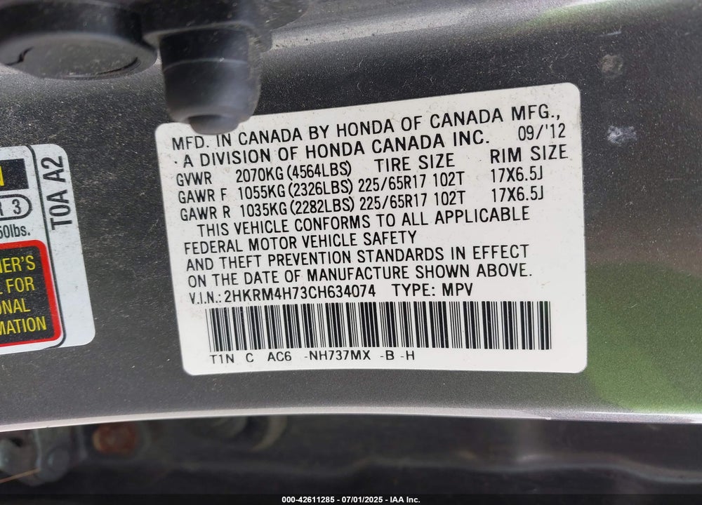 2012 HONDA CR-V VIN: 2HKRM4H73CH634074