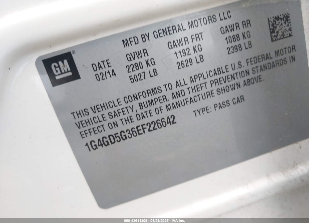 2014 BUICK LACROSSE VIN: 1G4GD5G36EF226642