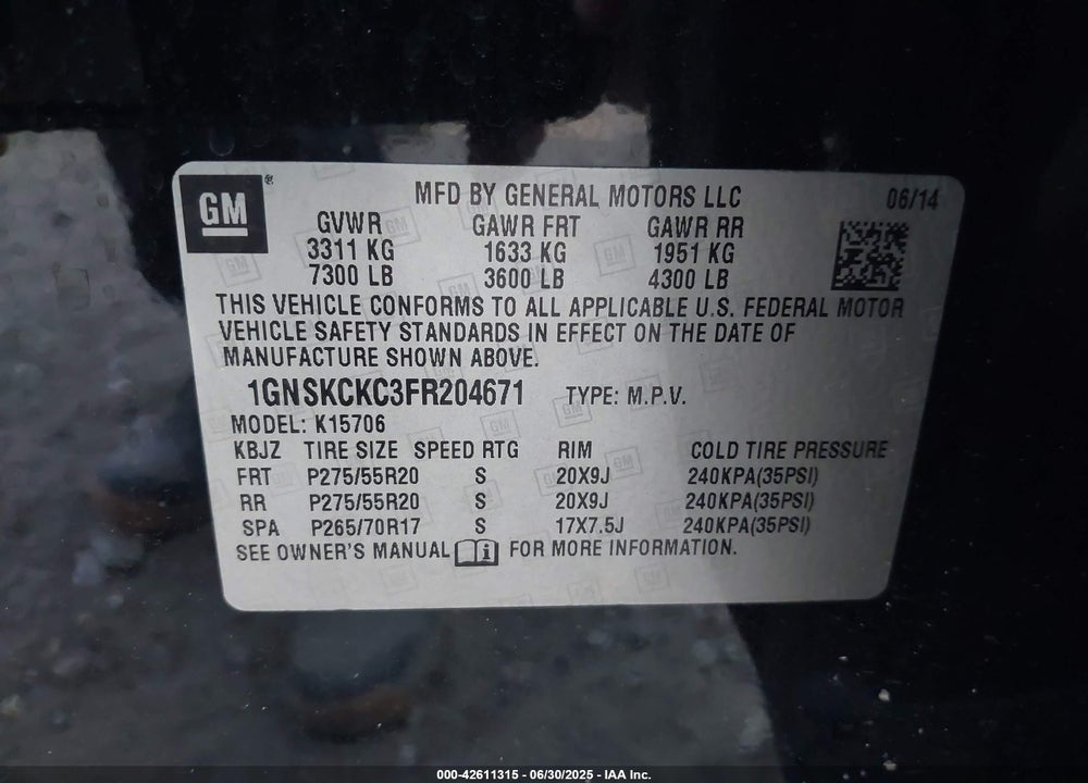 2015 CHEVROLET TAHOE VIN: 1GNSKCKC3FR204671