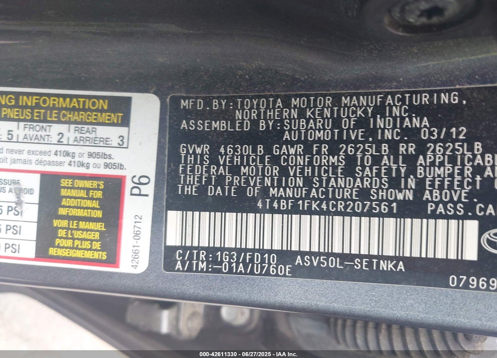 2012 TOYOTA CAMRY VIN: 4T4BF1FK4CR207561