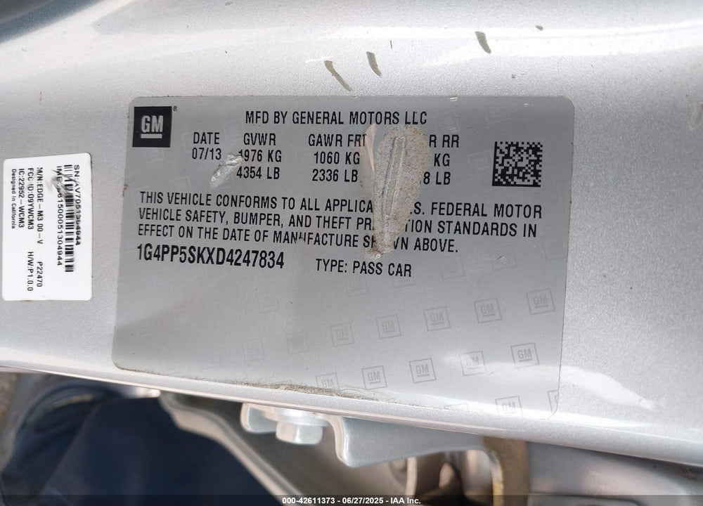 2013 BUICK VERANO VIN: 1G4PP5SKXD4247834