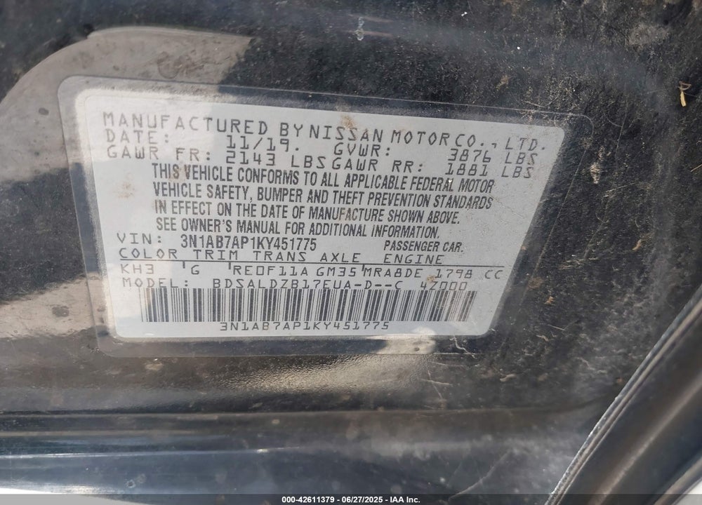 2019 NISSAN SENTRA VIN: 3N1AB7AP1KY451775