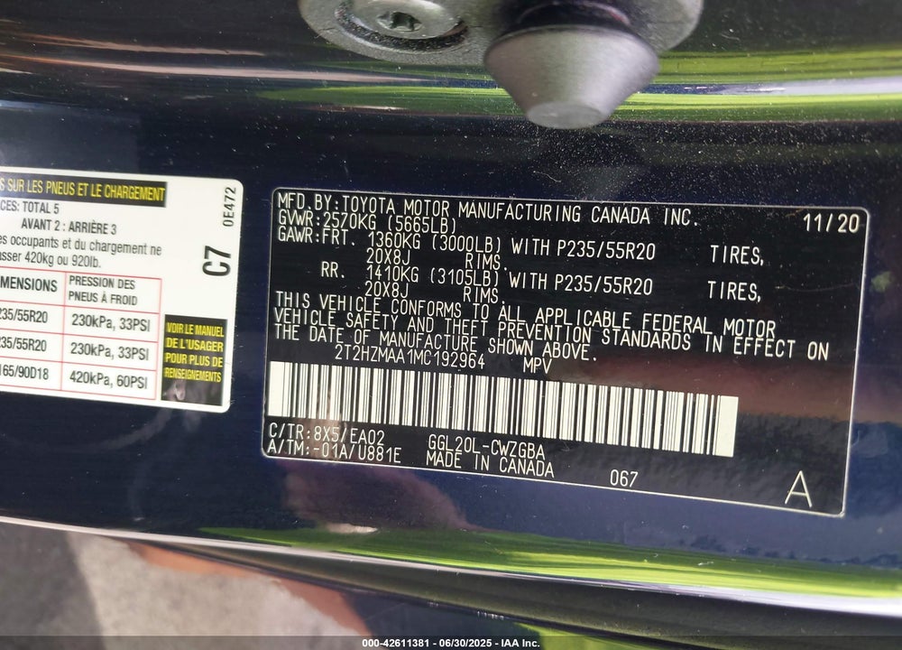 2021 LEXUS RX350 VIN: 2T2HZMAA1MC192964