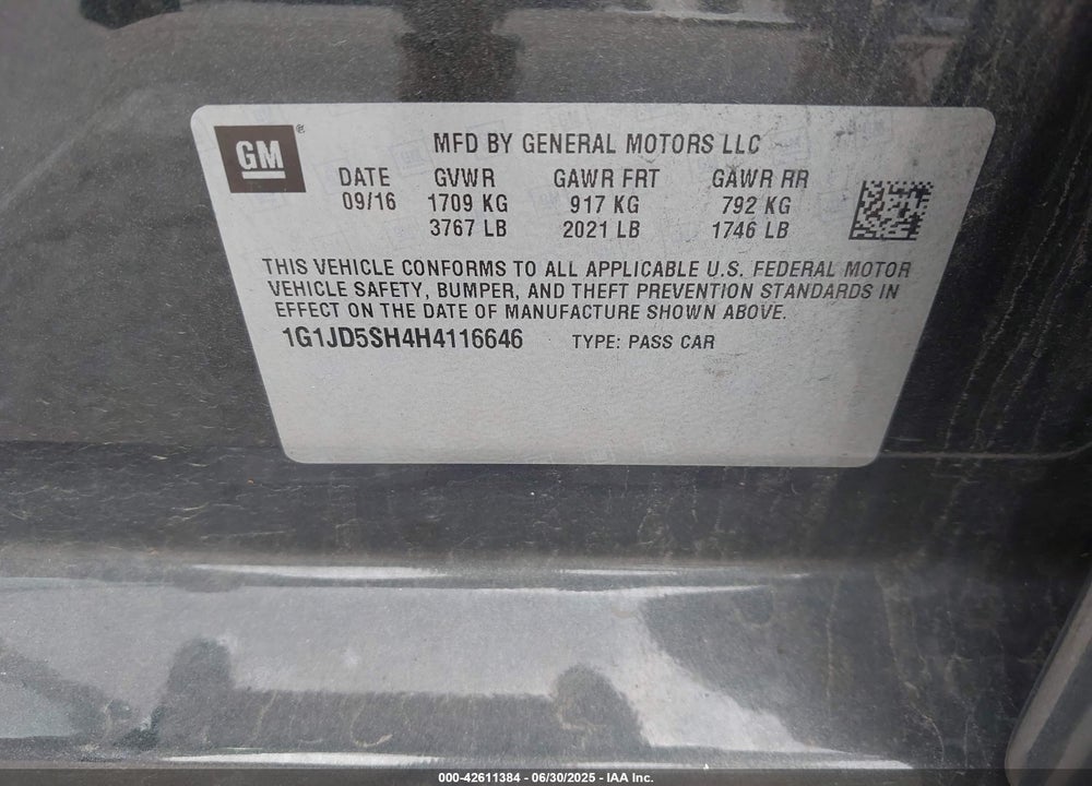 2017 CHEVROLET SONIC VIN: 1G1JD5SH4H4116646
