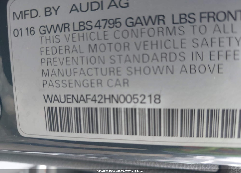 2017 AUDI A4 VIN: WAUENAF42HN005218